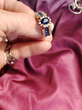 Gold-Tone Women's Ring with Deep Blue Center Crystal